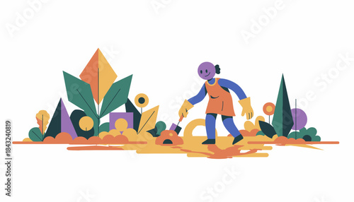 Smiling Character Gardening in Modern Flat Vector Style