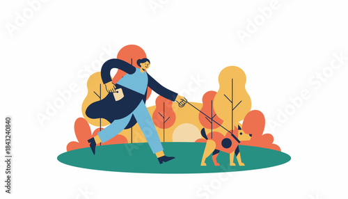 Happy Person Walking Pet Dog in Autumn Park