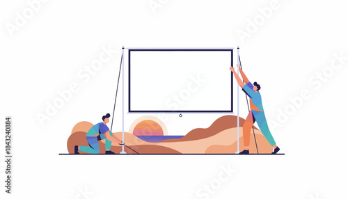 Team Setting Up Blank Projector Screen Outdoors at Sunset