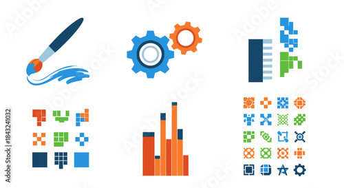 Set of diverse creative and industrial vector icons for design projects.