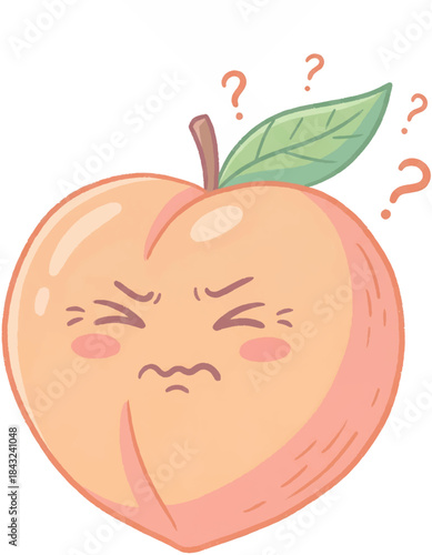 Whimsical cartoon peach character with a bewildered expression and question marks