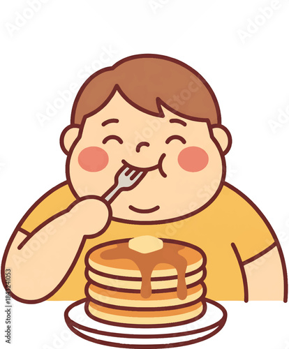 Joyful illustration of a cheerful person indulging in a stack of sweet breakfast pancakes.