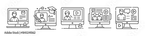 Online education, e-learning, and virtual meeting line icons