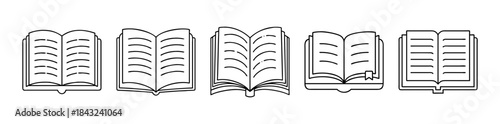 Set of five open book line art icons representing knowledge