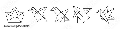 Origami paper boat and abstract bird line art minimal collection