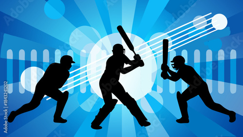 Cricket game action silhouettes batsman bowler wicketkeeper sport competition blue background dynamic energy
