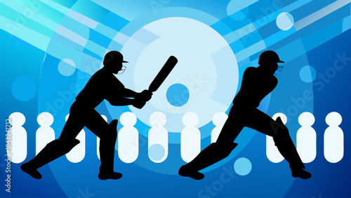Cricket players batting silhouettes blue background abstract shapes sports competition game match action dynamic