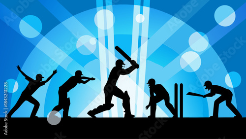 Cricket match action silhouettes batsman bowler fielders stumps blue background sport game competition tournament