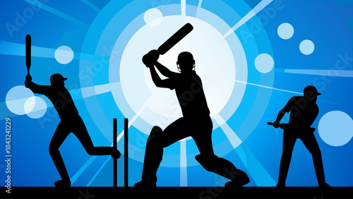 Cricket sport action silhouettes batsman bowler fielding wickets blue background dynamic energy abstract graphic design