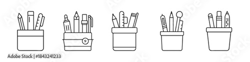 Outline icons set showing stationery items in desk organizers