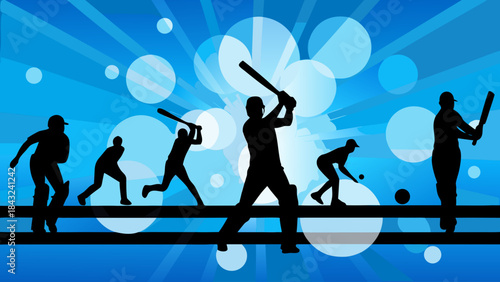 Cricket players silhouettes batting bowling fielding running sport game action blue background abstract design