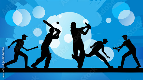 Cricket game action silhouettes batting bowling fielding running dynamic sports illustration blue background design