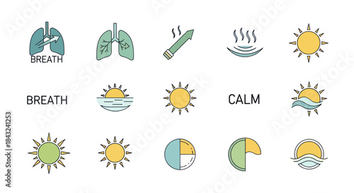 Collection of Wellness and Relaxation Icons with Lungs Sun and Calm Elements.
