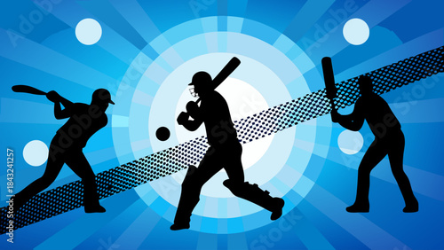 Cricket players batting silhouettes blue background sport competition game action dynamic energy abstract design
