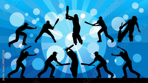Cricket players silhouettes batting bowling fielding action sport game competition match dynamic blue background design