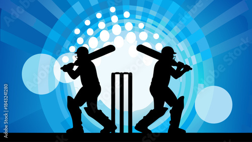 Cricket batsman silhouette stumps blue background sport competition match game player bat wicket action dynamic