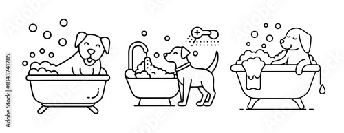 Cute dogs enjoying a refreshing bath time with soap bubbles