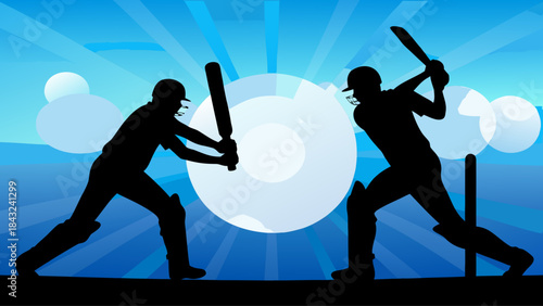 Cricket players batting silhouettes against bright blue background sport competition match action game contest