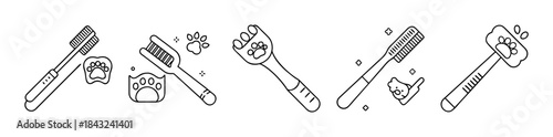 Pet grooming tools and paw prints line art icon set for animal care