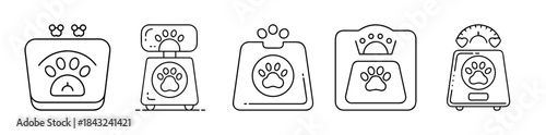 Pet health and nutrition scale and food bowl line icon set.