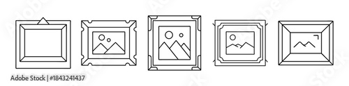 Picture frame line icons set with placeholders, various styles