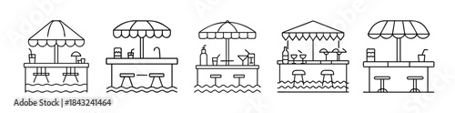 Outline icon set depicting various beach bars with umbrellas