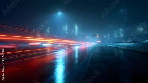 Abstract Light Trails on Wet City Street at Night.