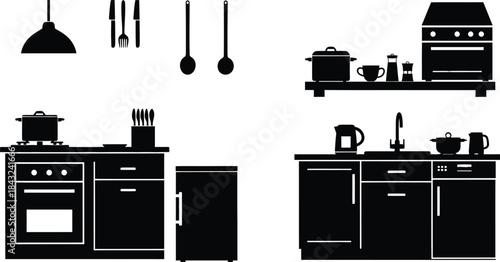 Vector set of domestic kitchen furniture and cooking appliances including oven, stove, and microwave icons for interior design