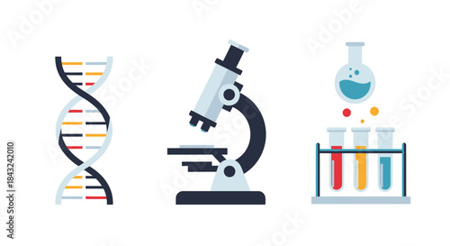 Scientific Icons: DNA Microscope and Laboratory Test Tubes.