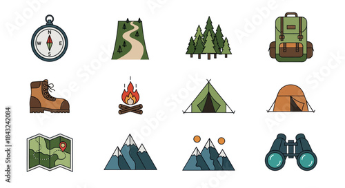 Collection of Colorful Camping and Hiking Icons and Symbols.