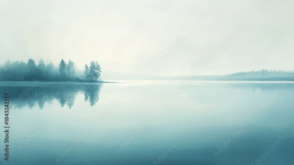Fototapeta premium Serene Misty Lake with Reflected Forest at Dawn