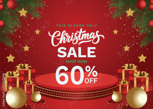 
Merry Christmas special sale design with discounts, pine branches, glowing lights, stars, ornaments, gift boxes, confetti, and a red podium display on a festive red background, vector illustration. 