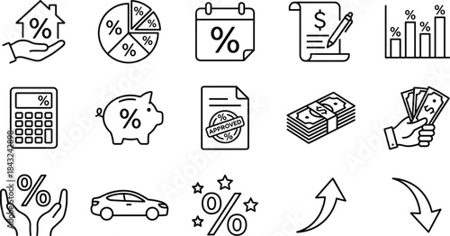 Set of 15 Line Art Icons for Interest Rates, Financial Growth, Mortgages, Loans, and Investment Data Analysis in Vector