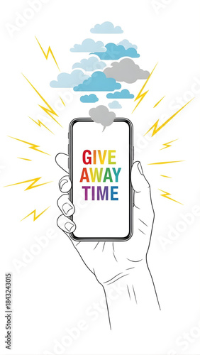 Hand Holding Smartphone Announcing Give Away Time with Clouds and Lightning for Social Media Contests