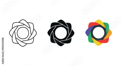 Camera aperture logo design variations on white background