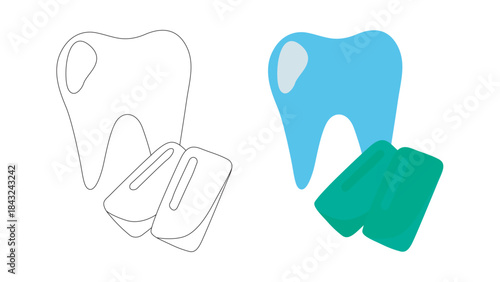 Tooth with chewing gum pads, doodle style flat vector outline illustration for coloring book .