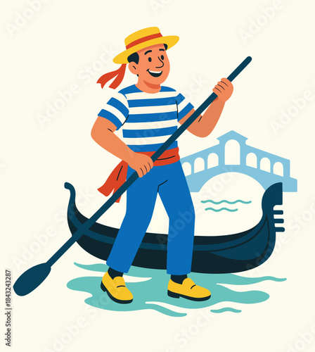 Venice Gondolier Rowing Canal Bridge Travel Illustration