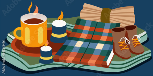 Cozy autumn scene featuring a warm drink lit candles plaid blanket hiking boots and rolled straw for relaxation