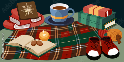 Cozy winter reading scene featuring a warm drink open book candle and soft slippers on plaid