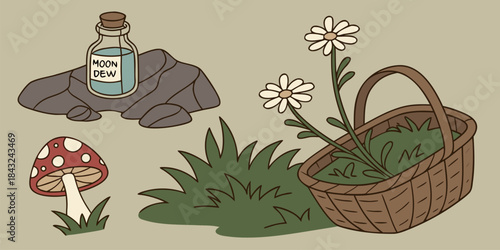Whimsical forest gathering scene featuring a moon dew potion daisies and a spotted mushroom element