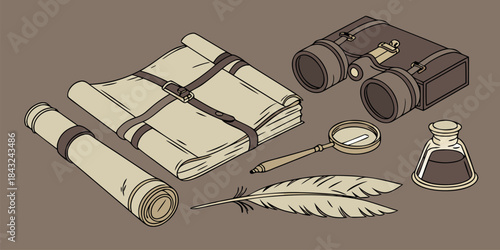 Vintage explorer and cartographer tools including scrolls binoculars magnifying glass and inkwell on brown