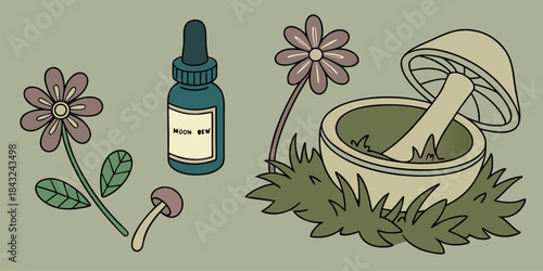 Mystical herbal remedy preparation featuring a dropper bottle flowers and a mortar with pestle