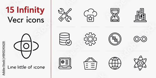 Collection of fifteen clean line vector icons representing technology data settings time and global connectivity concepts