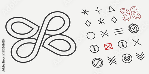 Collection of minimalist line art icons and a large stylized infinity loop symbol on white