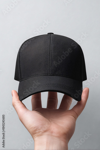 Hands holding black baseball cap front view mockup product presentation fashion accessory
