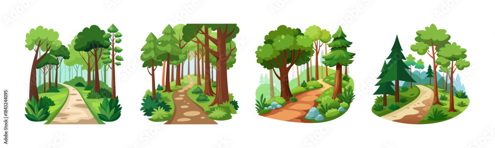 Fototapeta premium Set of four cartoon forest paths with green trees and winding trails