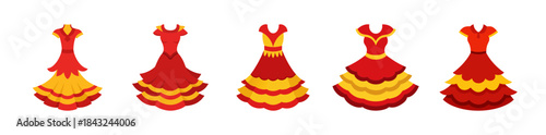 Collection of traditional spanish flamenco dresses in red and yellow