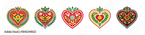 Vibrant folk art hearts collection with intricate floral patterns