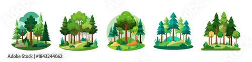 Five distinct stylized forest illustrations: varied trees, lush green land.