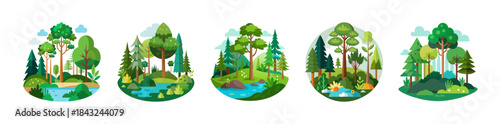 Collection of five diverse vector forest landscapes with trees and water